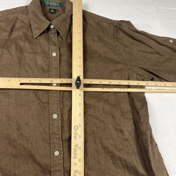 Lauren Ralph Lauren Linen Button Down Shirt Brown Collared Long Sleeve Top PM - Picture 9 of 11